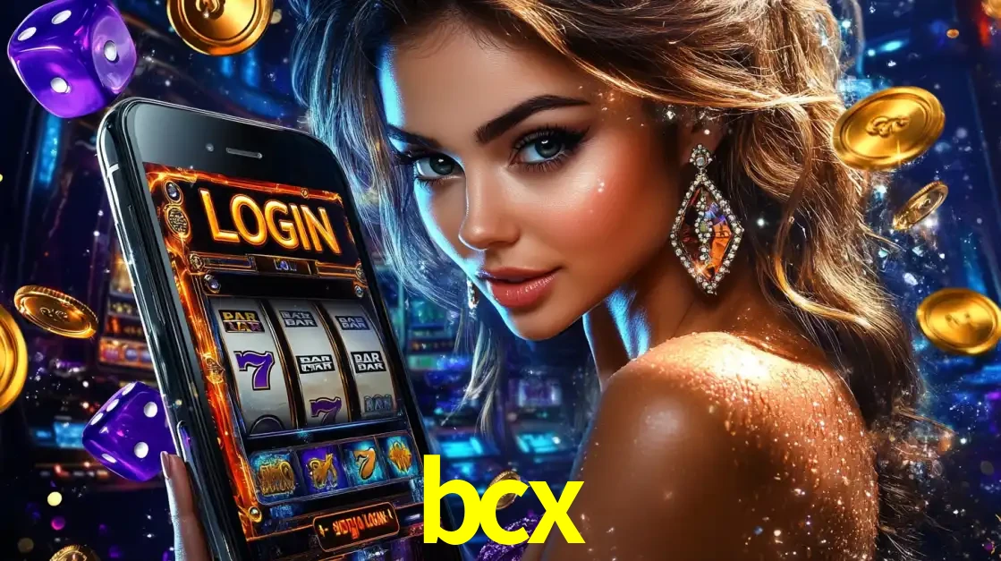 Mulher glamorosa segurando um smartphone com a tela de login para os jogos de caça-níqueis do cassino online bcx, com moedas de ouro e dados ao redor.