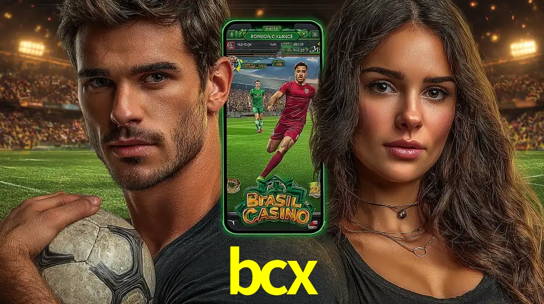 Homem segurando uma bola de futebol e uma mulher ao lado de um smartphone exibindo o jogo de apostas esportivas da bcx. Faça seu palpite no cassino online.